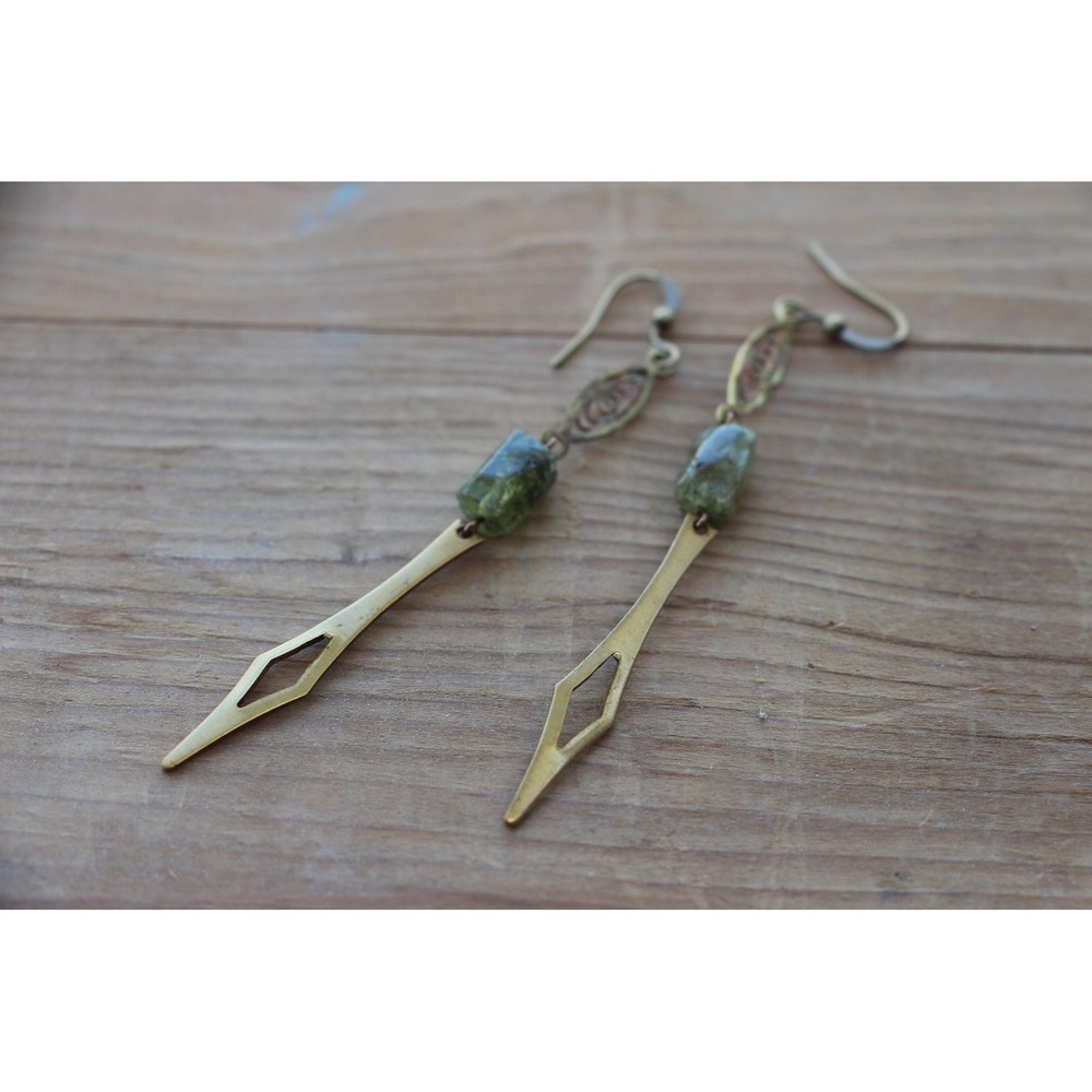 Deco inspired earrings, with natural green garnet and vintage brass filigree
